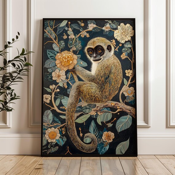 Green Monkey Sitting On Flowering Branch Dark Navy Botanical Art Poster
