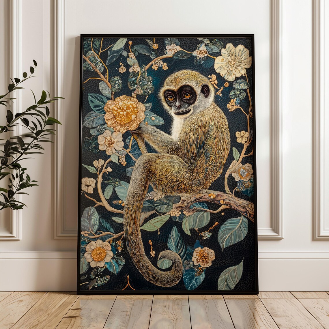 Green Monkey Sitting On Flowering Branch Dark Navy Botanical Art Poster