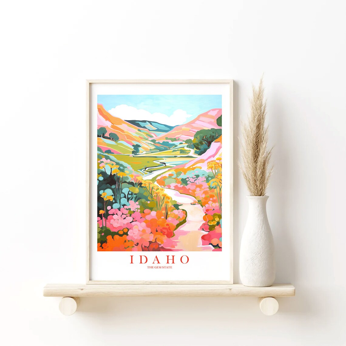 Idaho Retro Travel Poster, Mountains and Flowers
