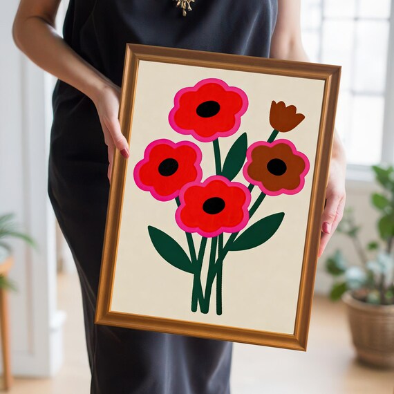 Bold Red And Pink Graphic Flowers Playful Pop Art Style Poster