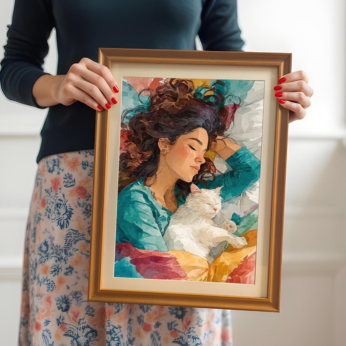 Sleeping Woman Cuddling White Cat Cozy Watercolor Art Poster