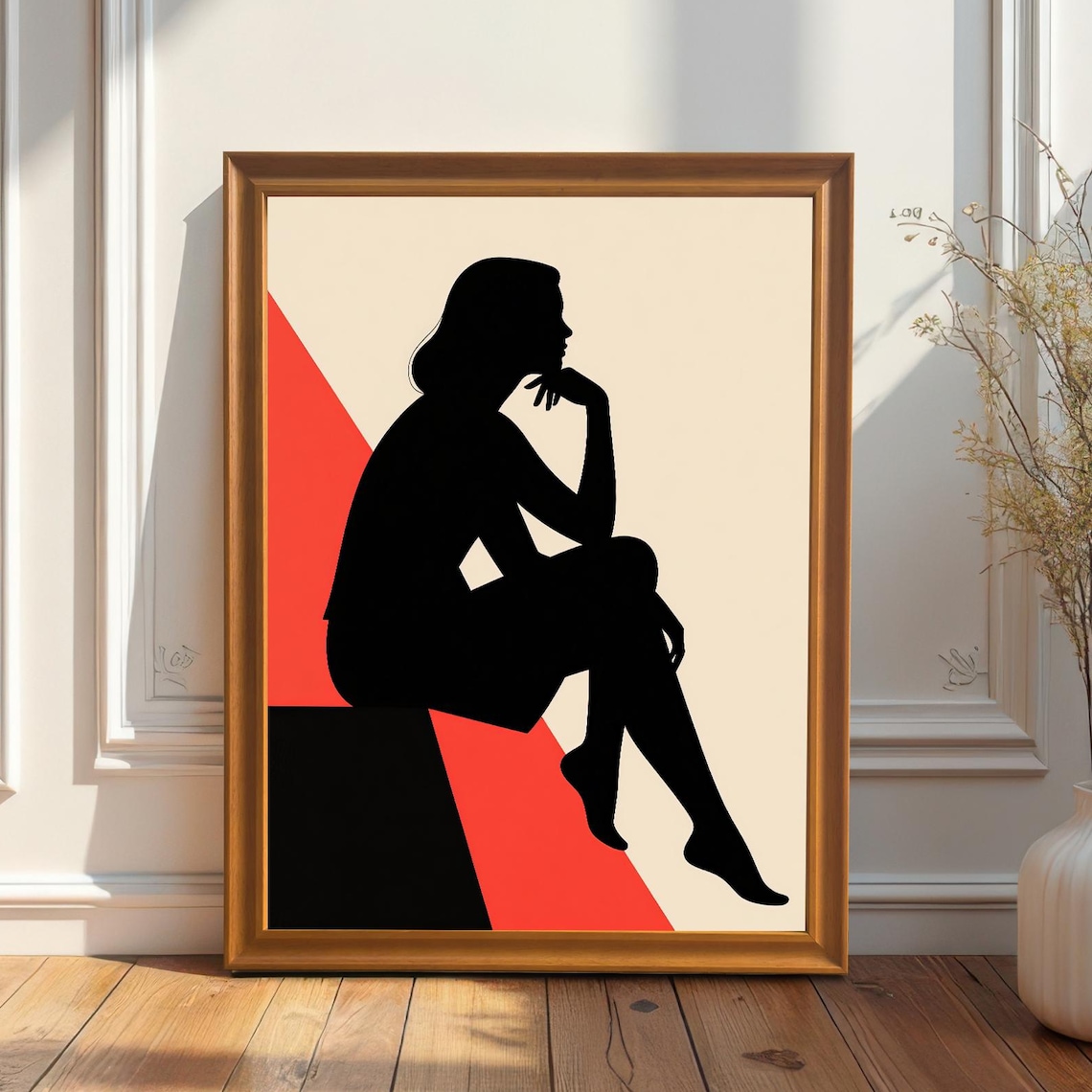Minimalist Black Silhouette of Seated Woman Red Accent Art Poster