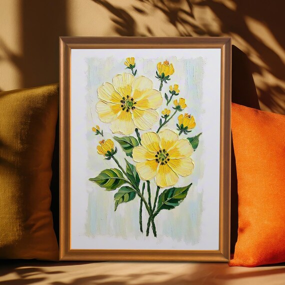 Sunny Yellow Flowers Textured Impasto Oil Painting Floral Wall Art