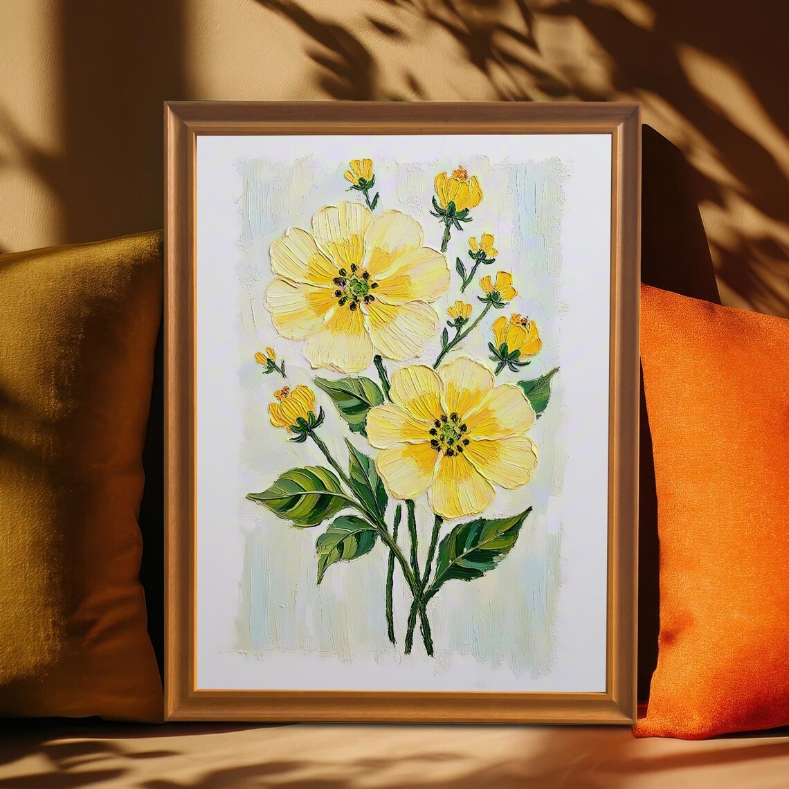 Sunny Yellow Flowers Textured Impasto Oil Painting Floral Wall Art