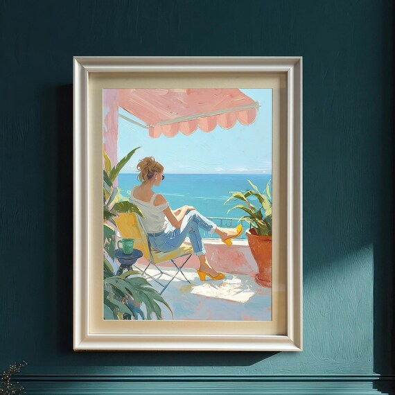 Woman Relaxing on Seaside Balcony Ocean View Summer Art Poster