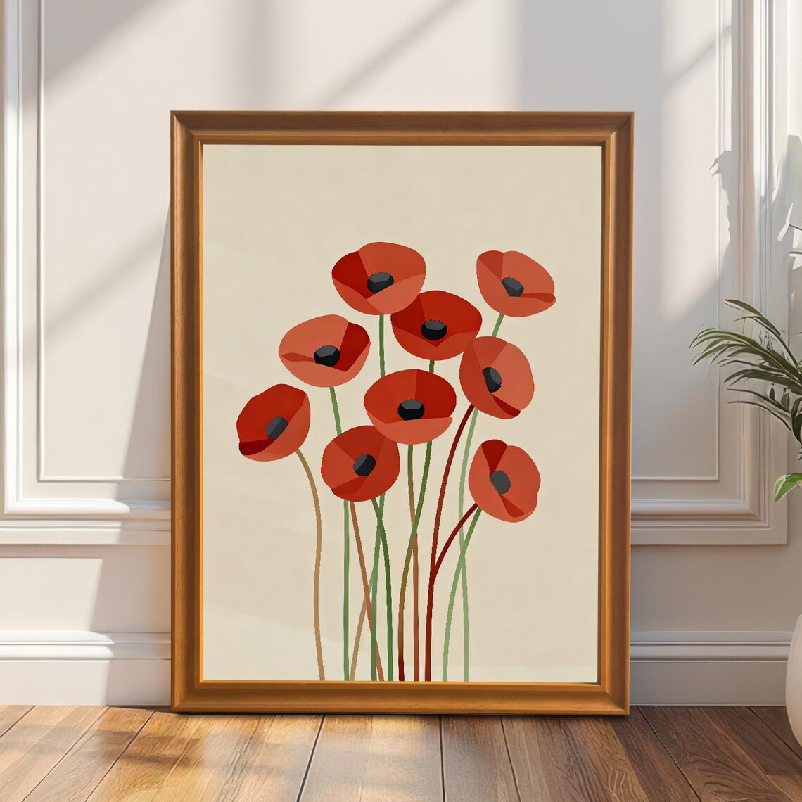 Abstract Minimalist Red Flower Print Wood Framed Wall Art Decor