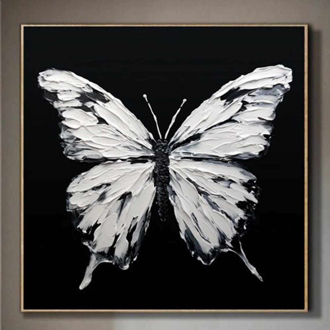 White Butterfly Black Background 3D Impasto Dramatic Art Poster