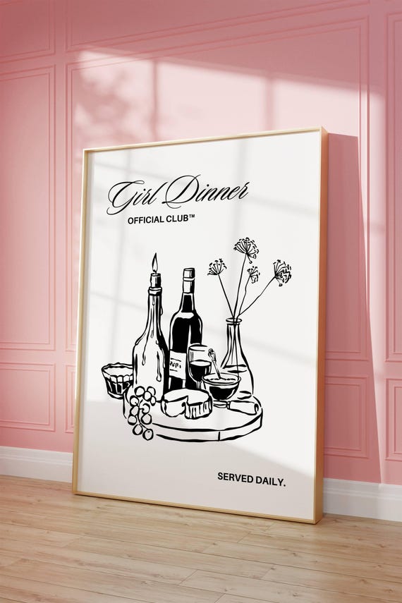 Girl Dinner Poster Girl Dinner Club Print Trendy Girl Dinner Art Girly Wall Art Bar Cart Art Decor Kitchen Wall Prints Black White Art