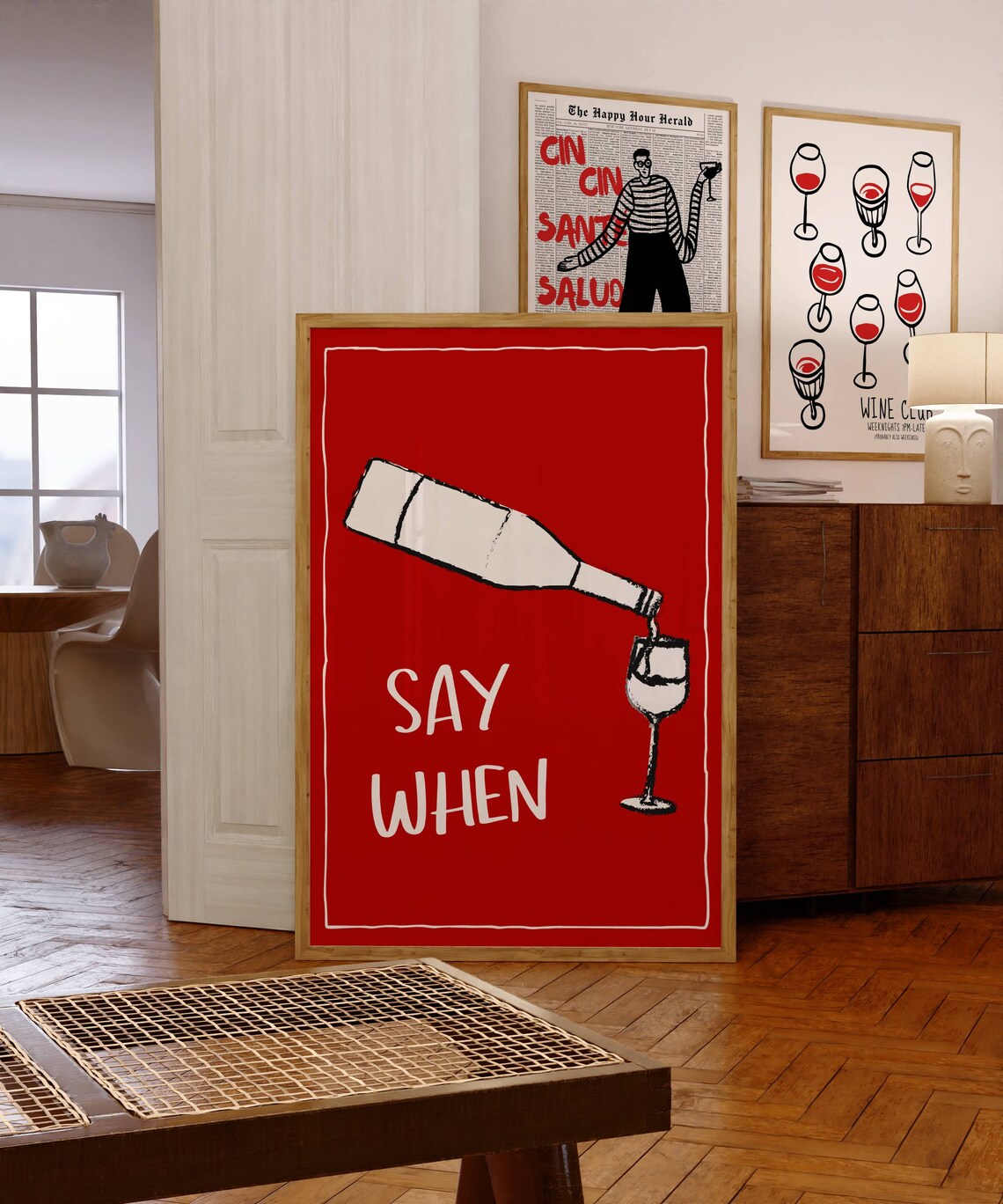 Say When Red Wine Bottle Pouring Vintage Style Bar Cart Poster