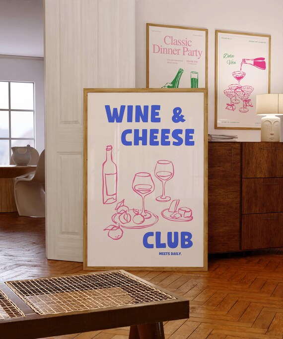 Wine and Cheese Club Fun Meets Daily Pink Line Art Kitchen Poster