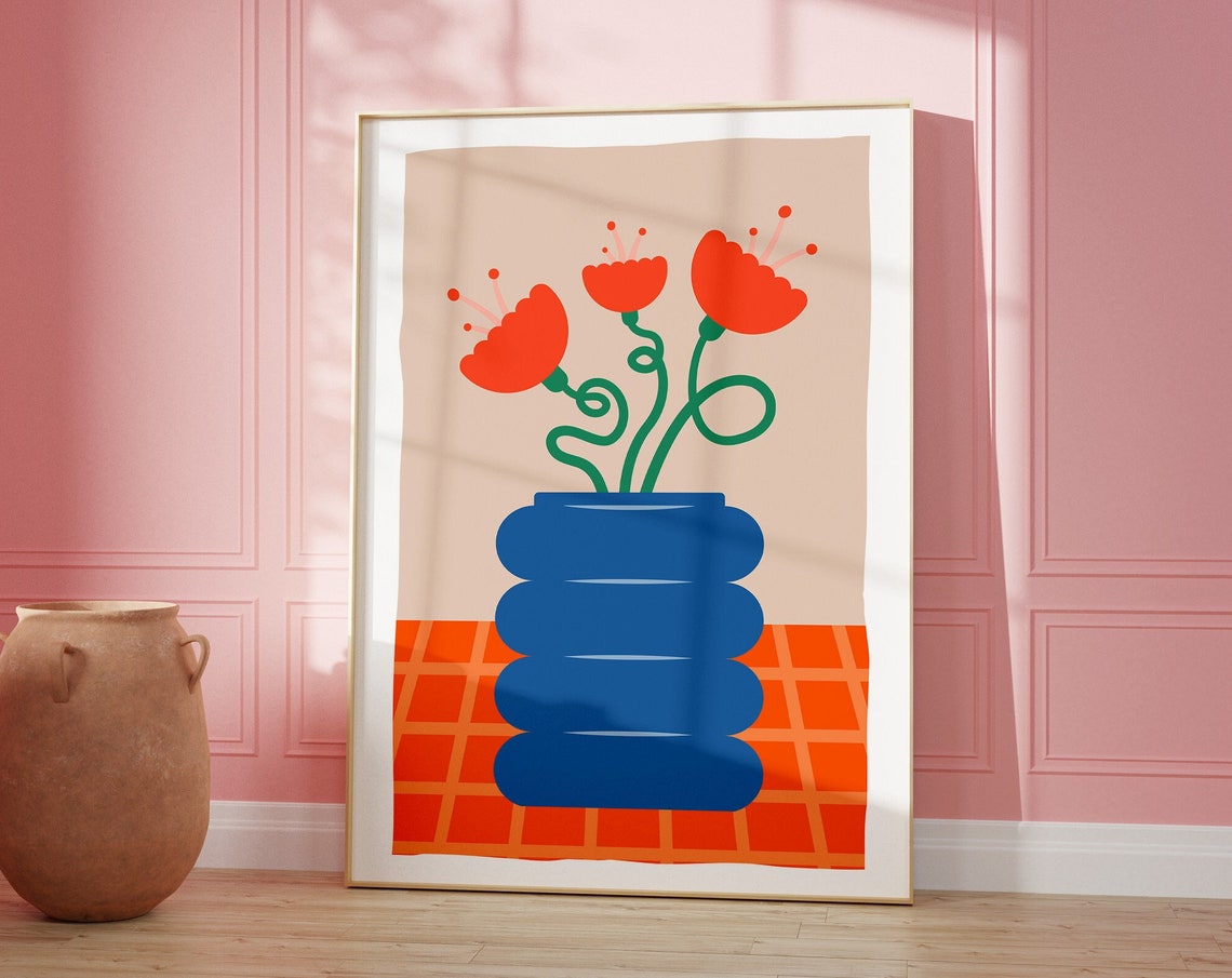 Retro Orange Flowers in a Blue Vase Funky Abstract Botanical Print