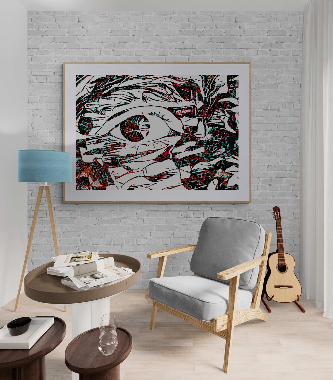 Close Up Eye in Black White with Teal Red Marble Accents Poster - Image 4