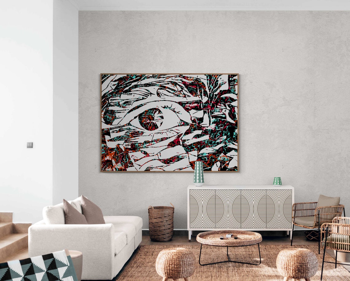 Close Up Eye in Black White with Teal Red Marble Accents Poster - Image 2