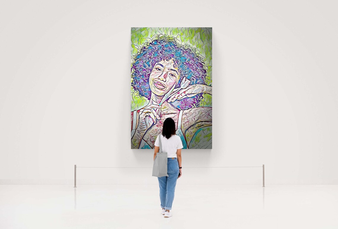 Curly Haired Woman in Blue and Purple Pop Art Portrait Print - Image 5