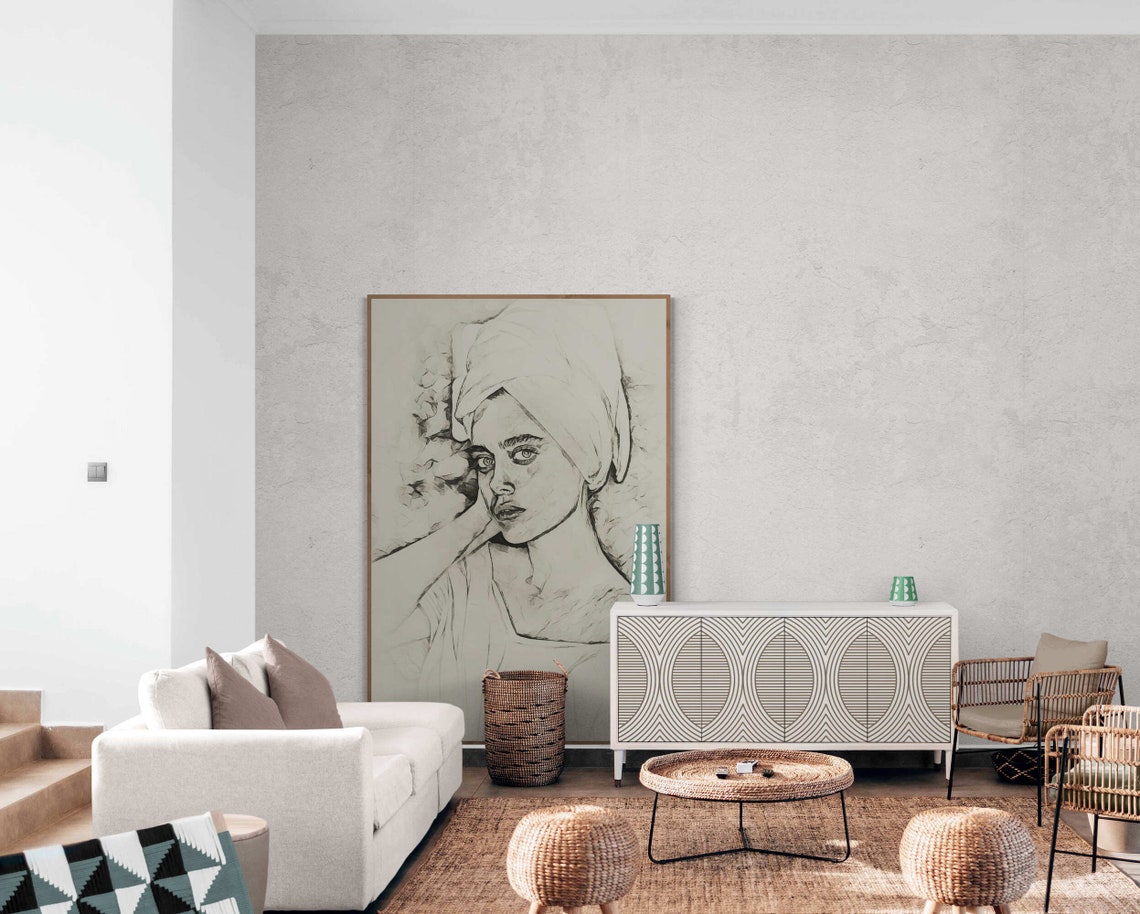 Drawing Turban Woman Portrait Wall Art Poster Print Bath Towel Sketch Woman Art Minimalist Living Room Wall Art Design Entry Hall - Image 5