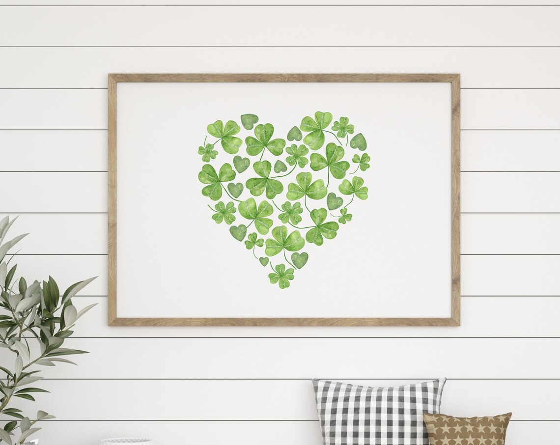 Watercolor Shamrock Heart Green Clover St Patricks Day Irish Art Print