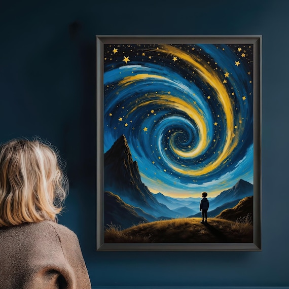 Dreamy Starry Night Spiral Galaxy Boy Watching Cosmic Sky Poster