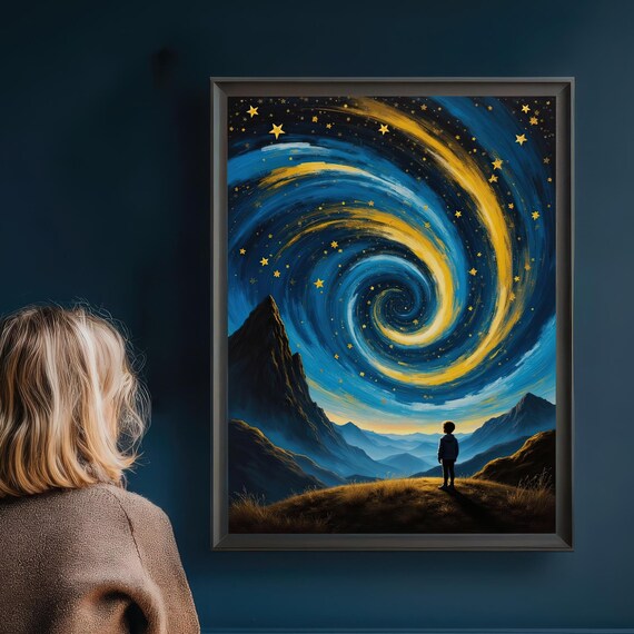 Dreamy Starry Night Swirl Art Whimsical Landscape Print Cosmic Sky Kids Room Decor Instant