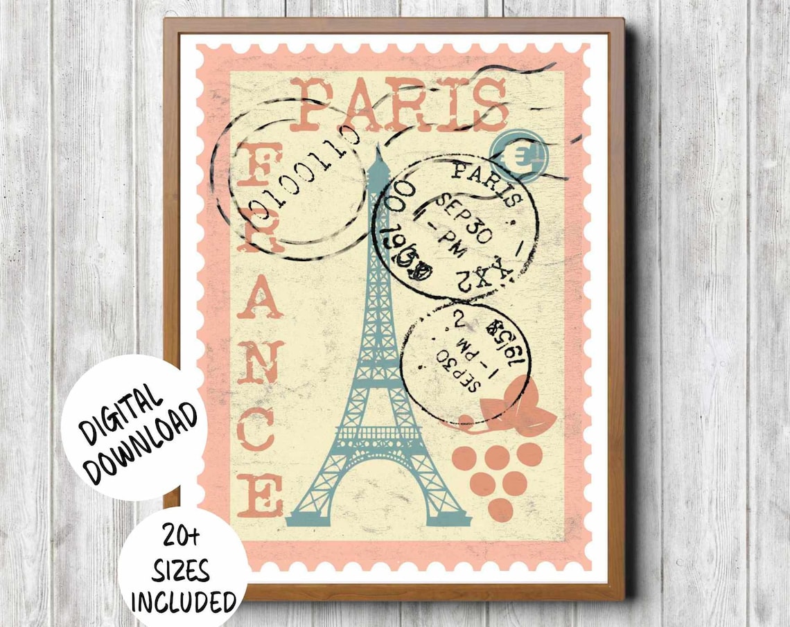 Paris France Retro Postage Stamp Style Eiffel Tower Travel Poster