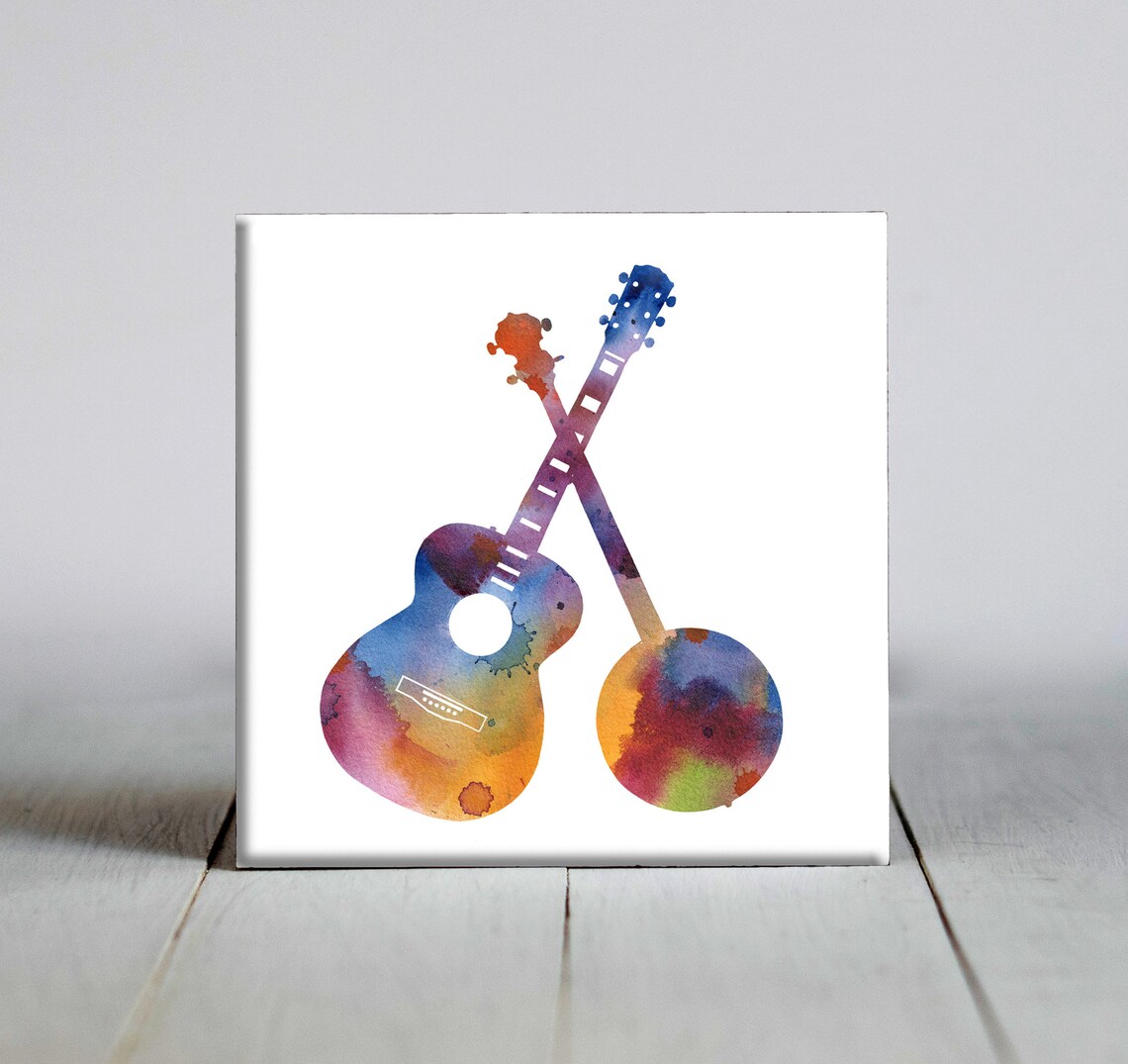 Colorful Watercolor Banjo and Guitar Crossed Music Instruments Wall Art