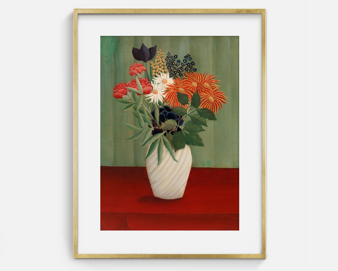 Naive Flower Bouquet White Vase Red Table Green Curtain Art Poster - Image 2