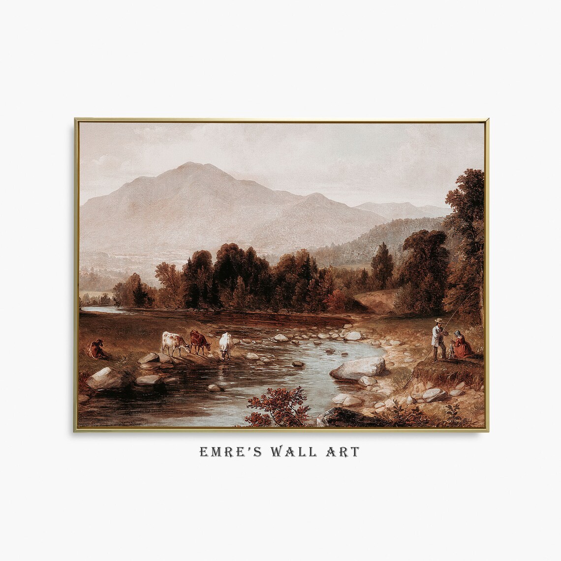 Rustic River Landscape Painting Mountain Landscape Print Vintage Country Painting Country Farmhouse Painting Autumn Wall Decor