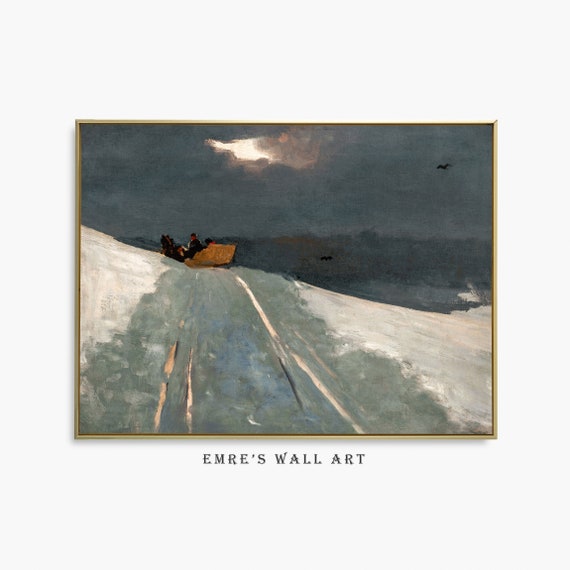 Winter Sleigh Ride Painting Print Moody Winter Landscape Wall Decor Snowy Art Poster Christmas Holiday