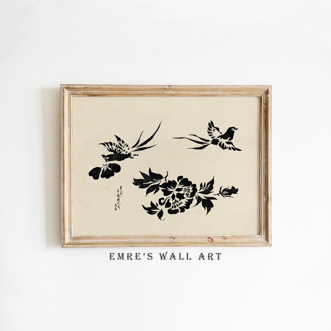 Japanese Birds and Flowers Black Ink Minimal Asian Art Poster