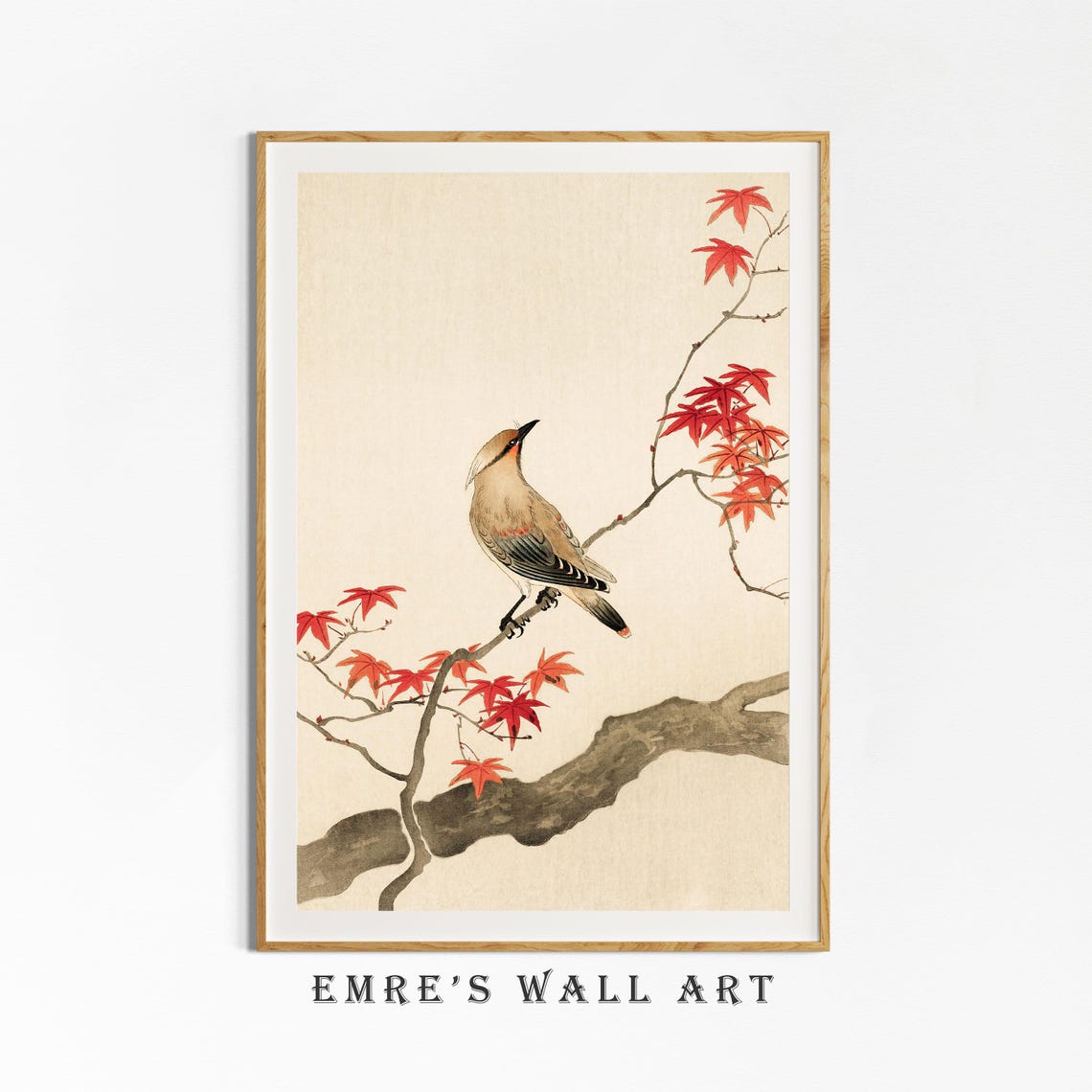Waxwing Bird Perched on Red Maple Branch Japanese Art Poster - Image 4
