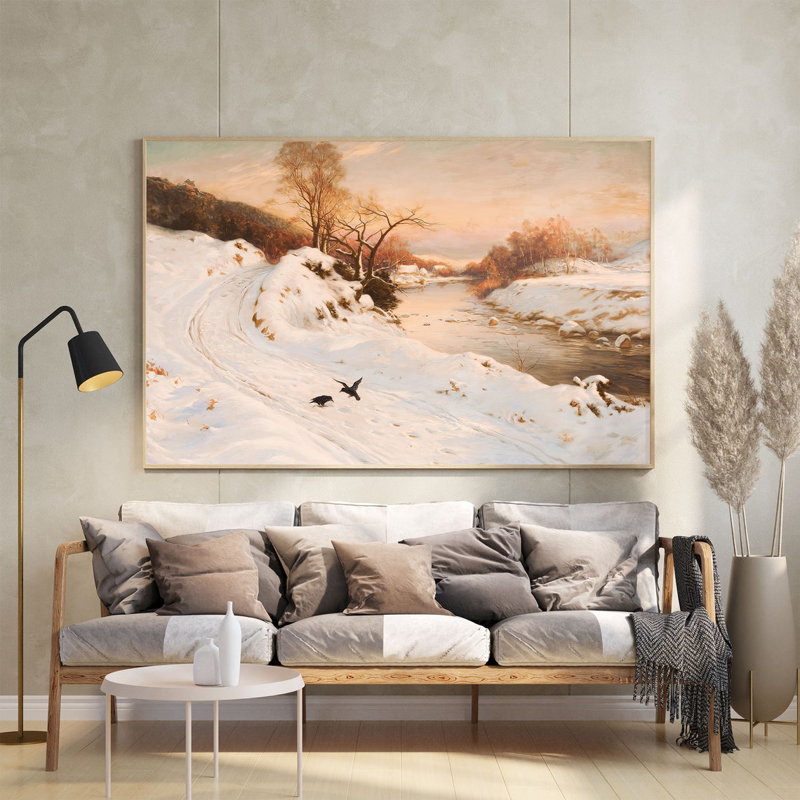 Vintage Winter Landscape Painting Snowy Wall Decor Vintage Sunset Landscape Oil Painting Winter Farmhouse Art Print - Image 2