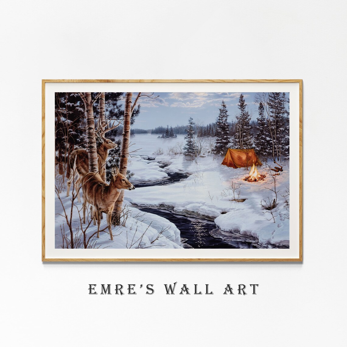Vintage Winter Deer Oil Painting Art Print - Image 4