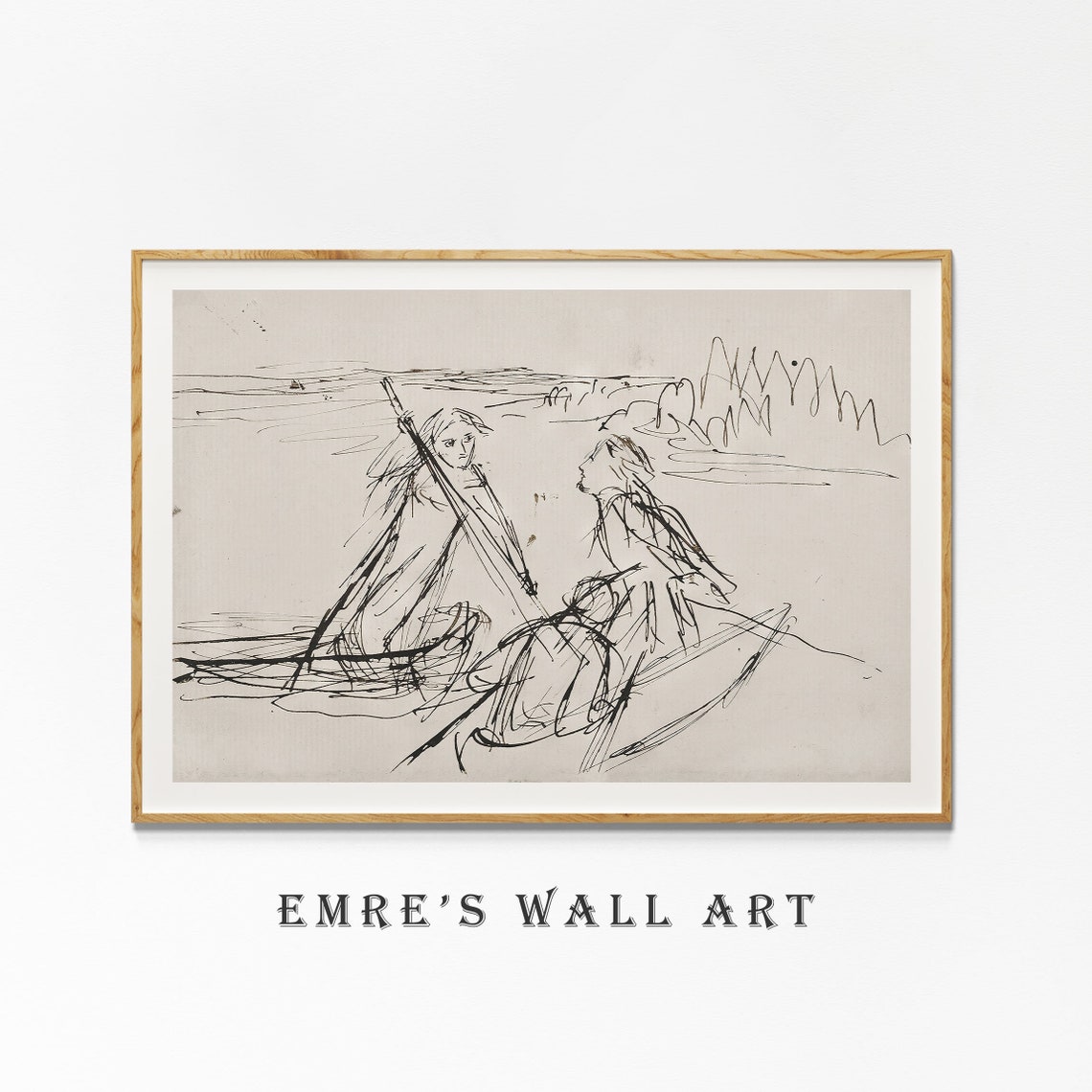 Minimalist Ink Sketch Two Women in Boat Line Drawing Fine Poster - Image 4
