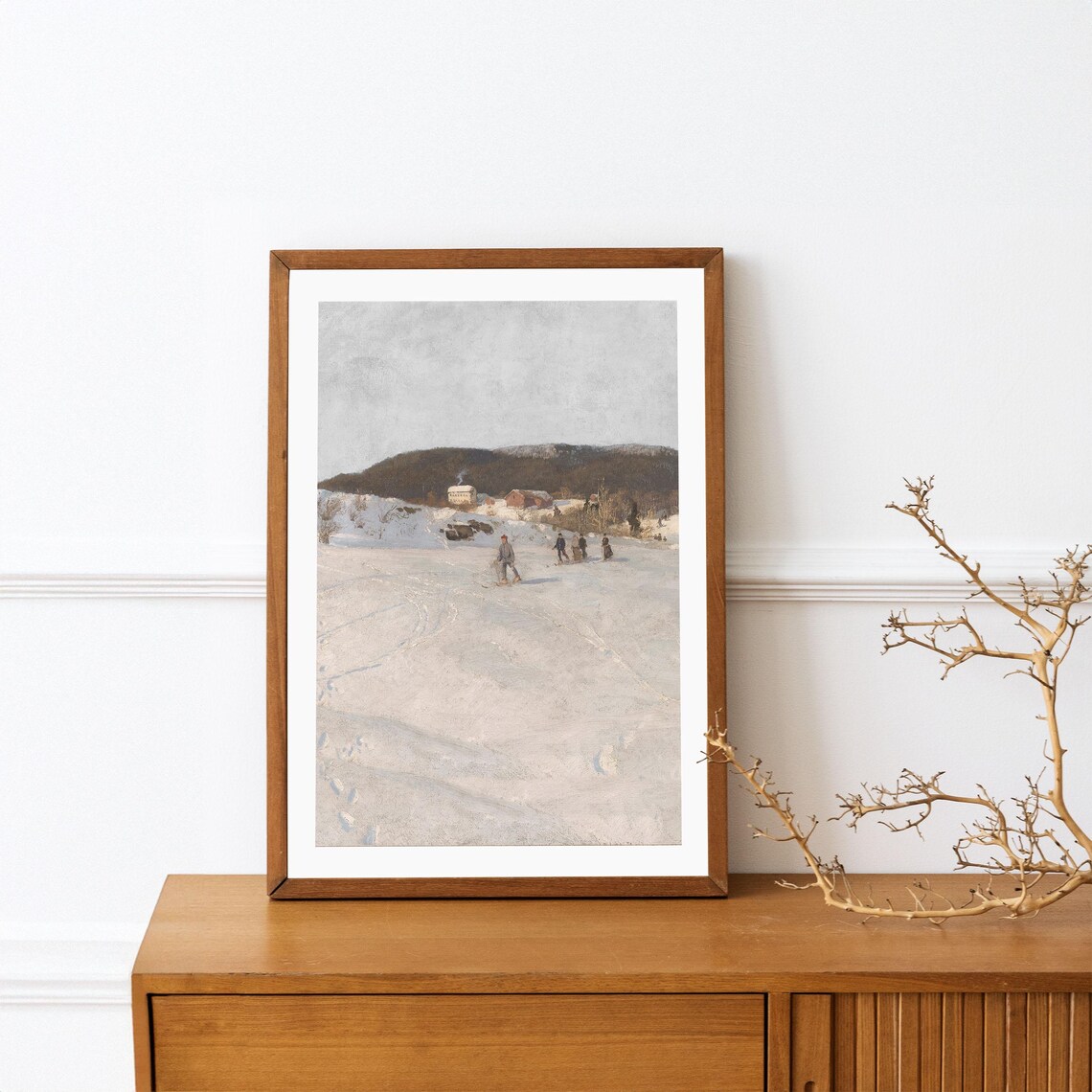 Vintage Skiers on Snowy Slope Red Cabins Winter Sport Painting Poster - Image 2