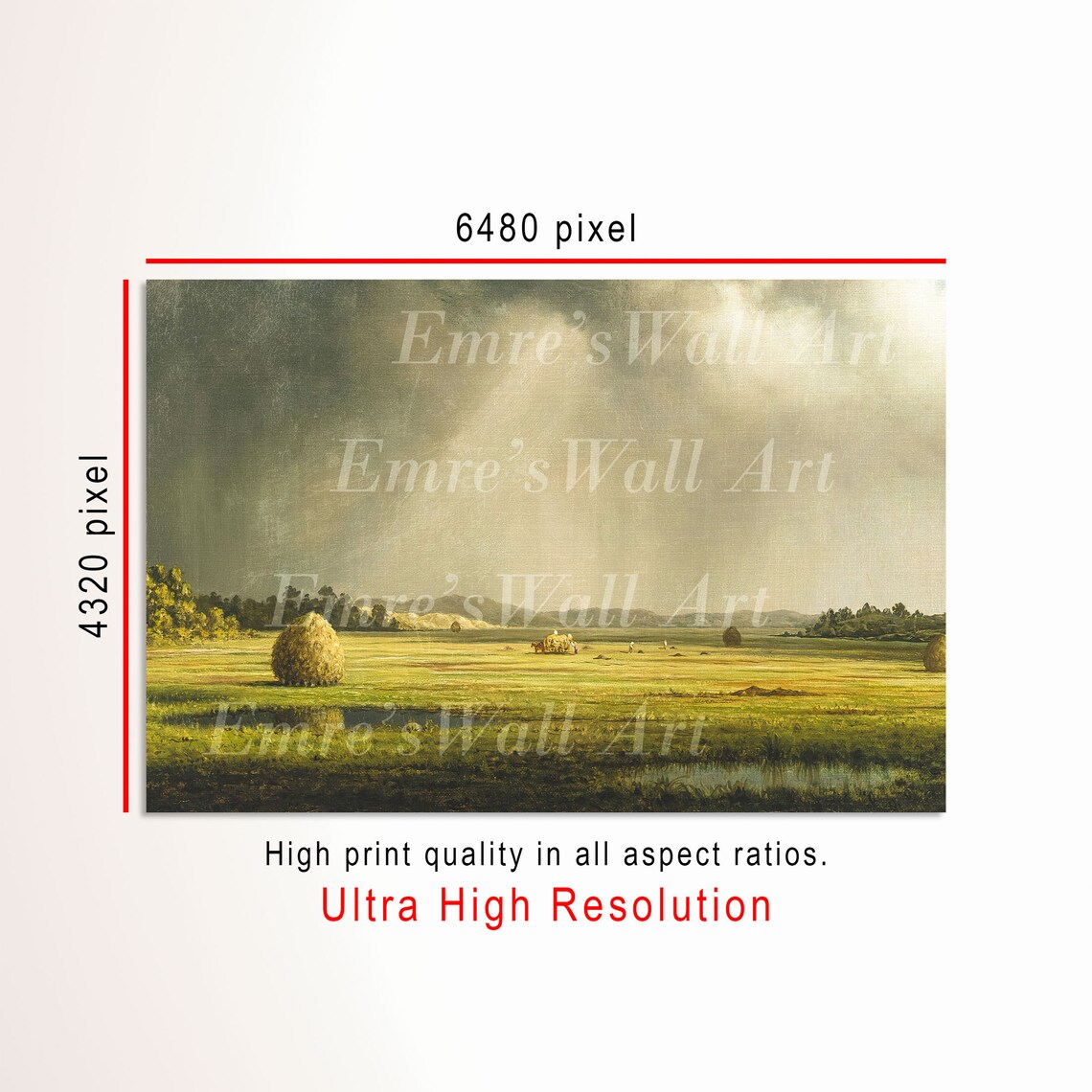 Haystacks Field Sunbeams Moody Harvest Landscape Oil Painting Poster - Image 3