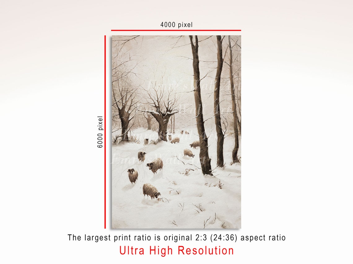 Sheep In Snowy Winter Forest Flock Grazing Vintage Painting Poster - Image 3