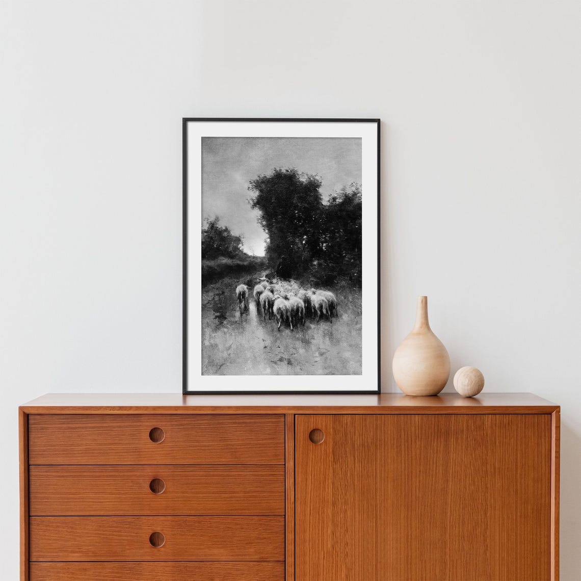 Flock of Sheep Walking Down Country Path Black and White Poster - Image 2