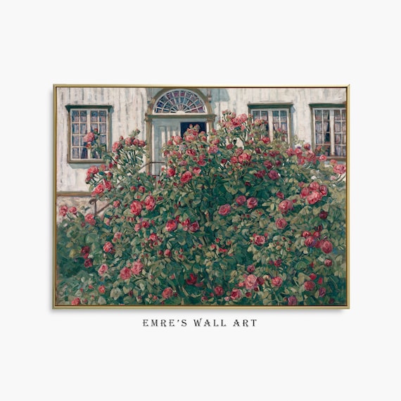 Pink Rosebush by Cottage Door Vintage Flowering Garden Poster