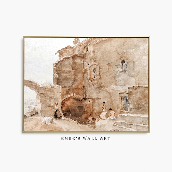 Bathers Stone Fountain Vintage Watercolor Painting Antique Art Poster