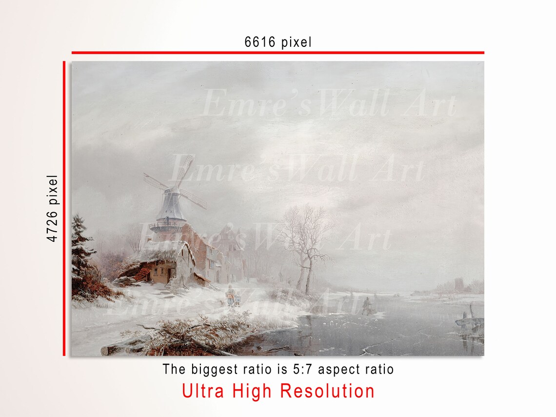 Dutch Windmill Frozen Canal Snowy Winter Landscape Oil Painting Poster - Image 3