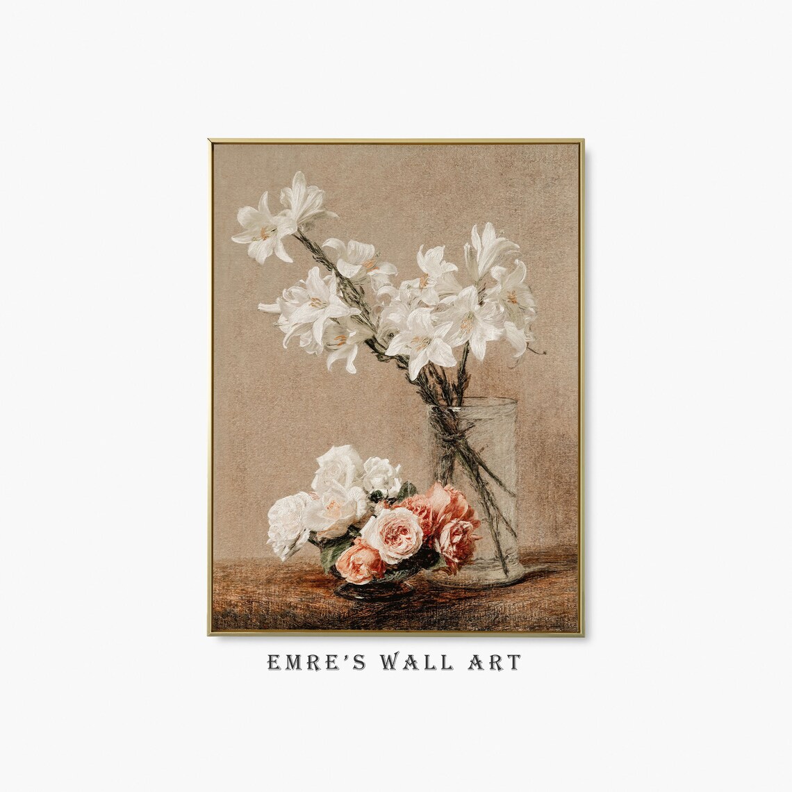 White Lilies And Pink Roses Floral Still Life Vintage Painting Poster