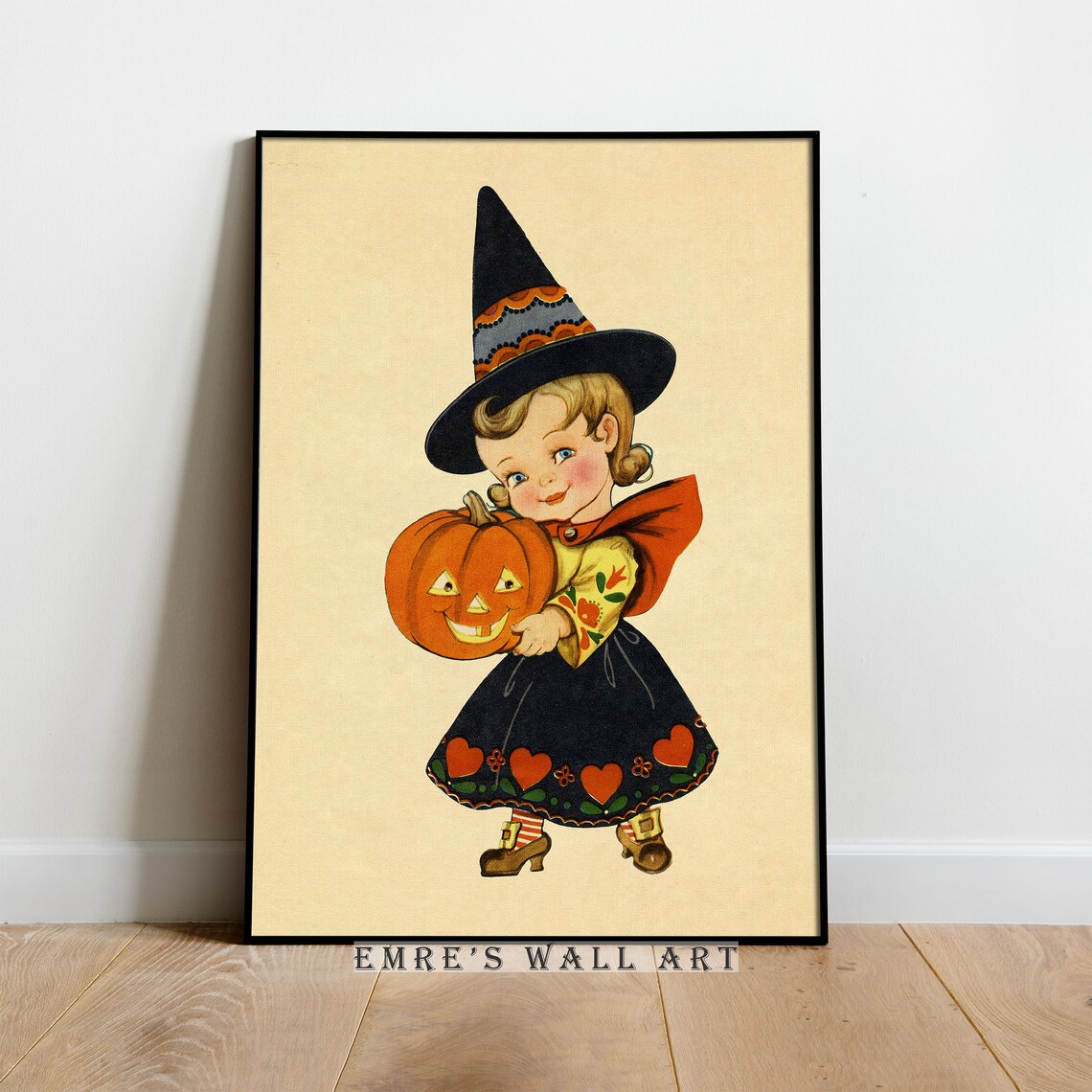 Cute Little Witch Girl Holding Jack O Lantern Vintage Halloween Poster - Image 4