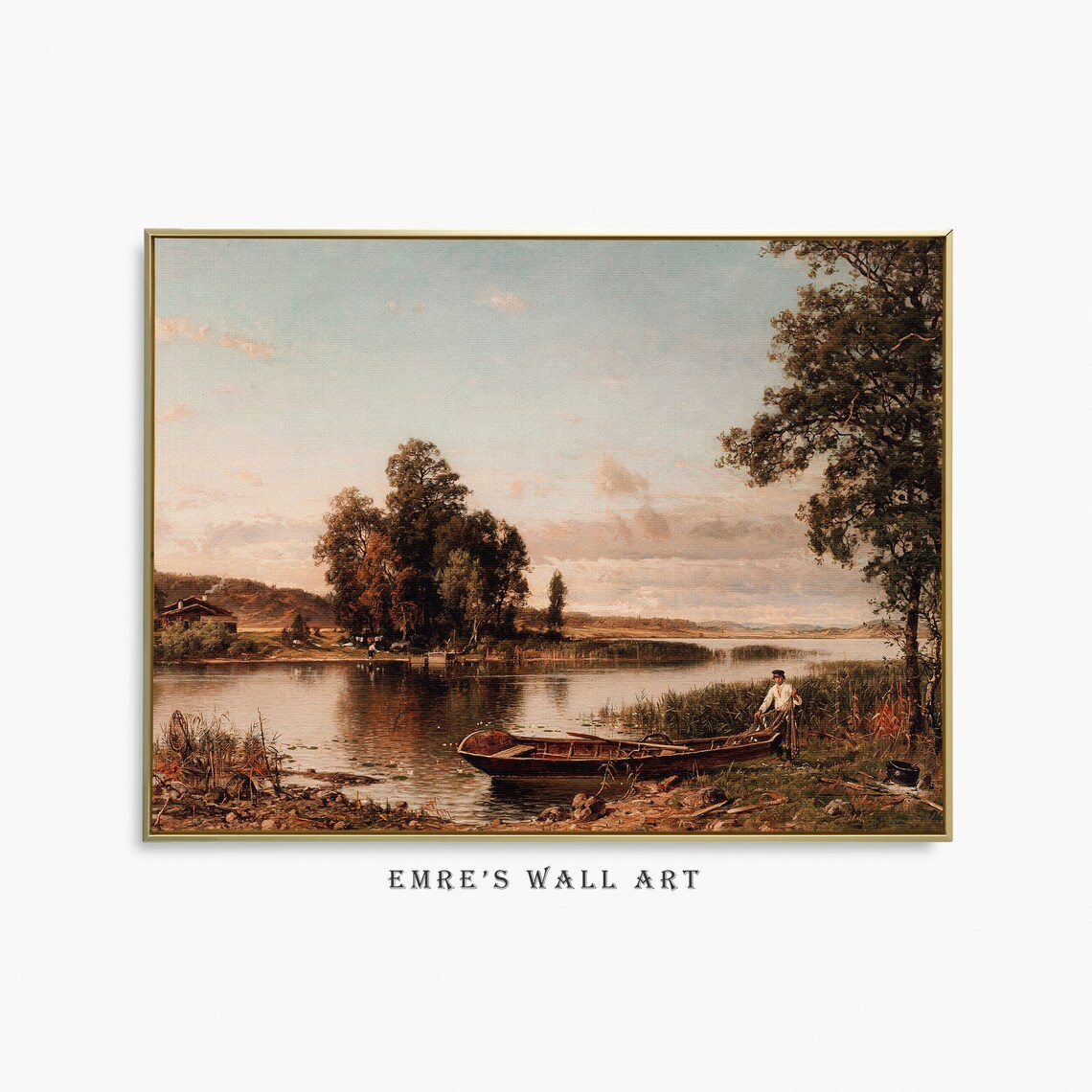 Calm Lake Rowboat Fisherman Shore Vintage Landscape Scene Poster