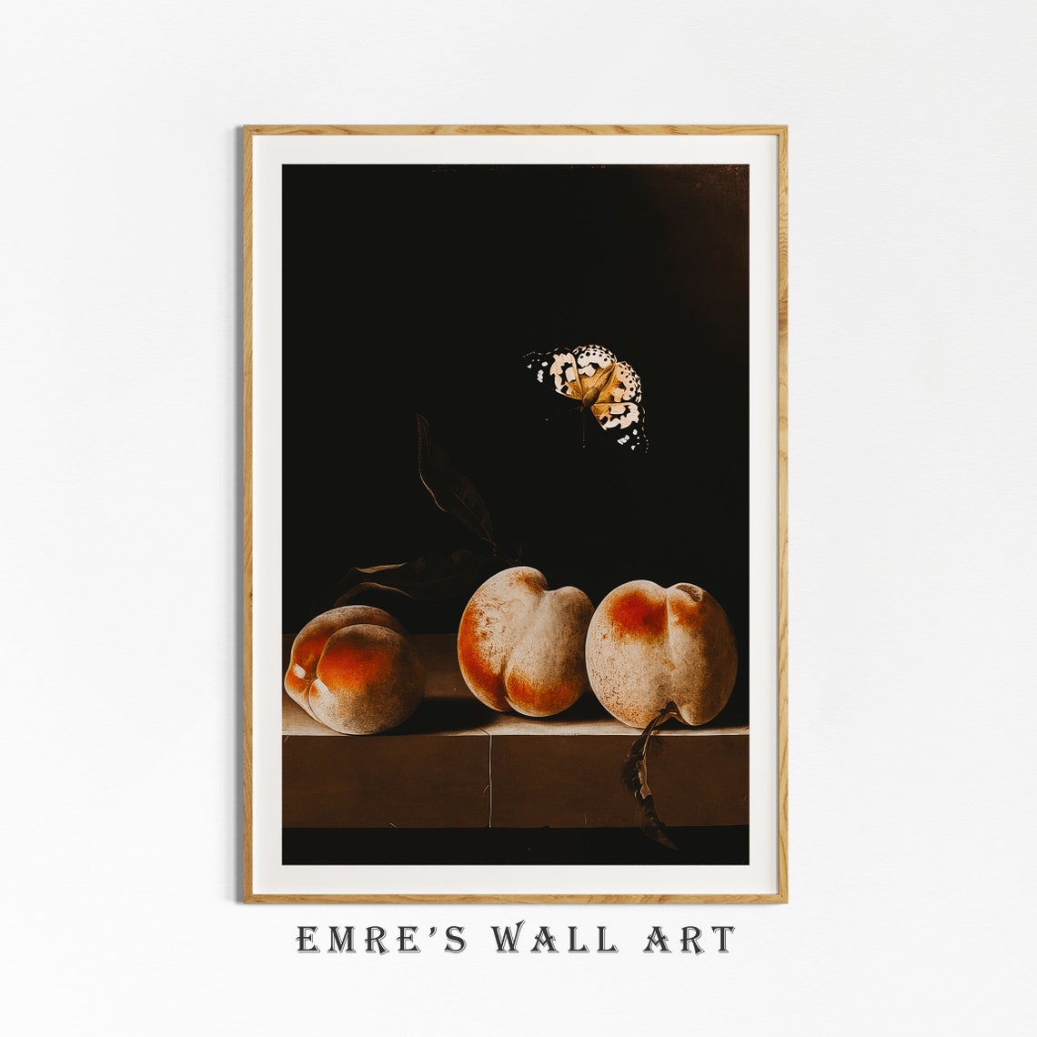 Three Peaches Butterfly Dark Moody Baroque Still Life Painting Poster - Image 4
