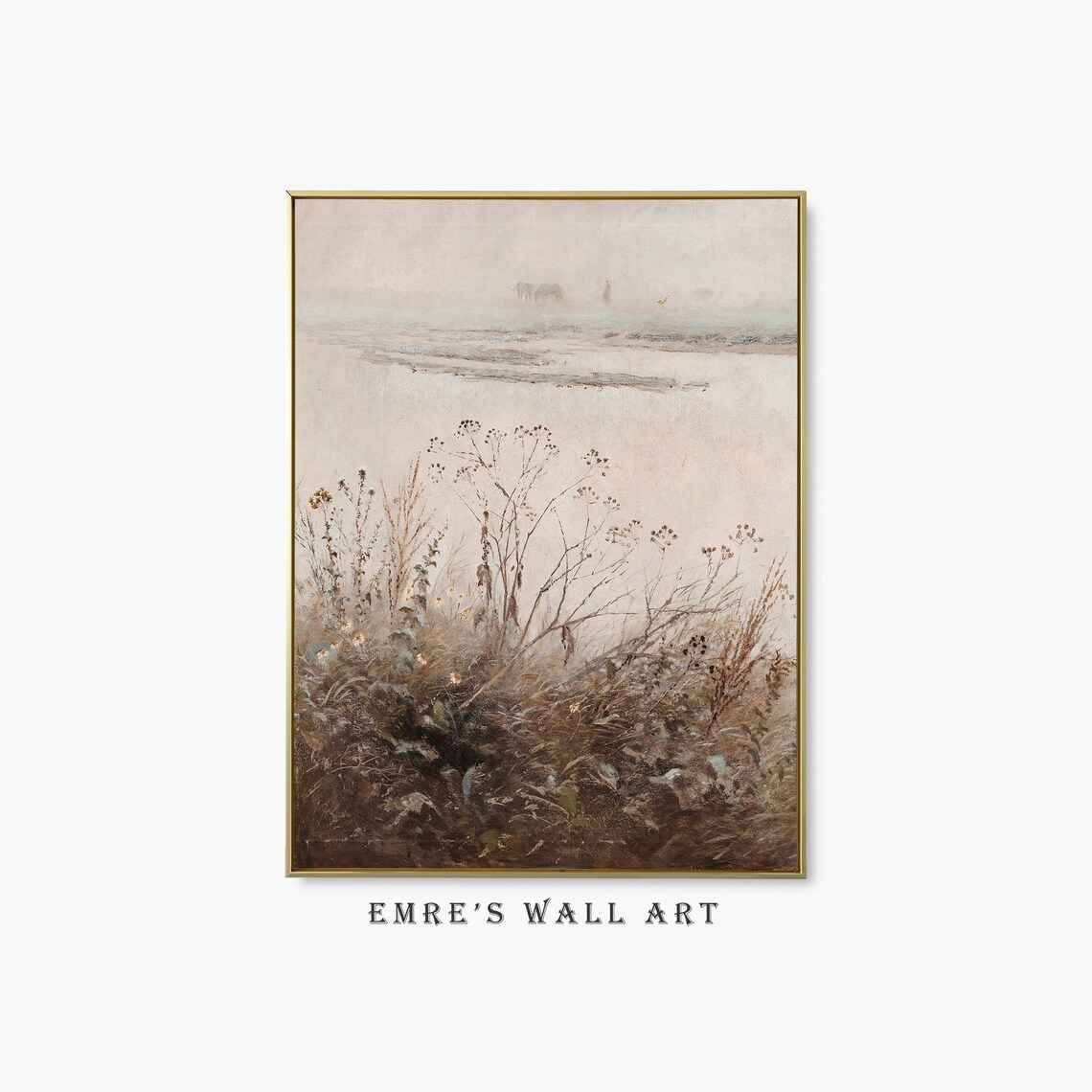 Wildflower Landscape Oil Painting Print Botanical Landscape Wall Decor Vintage Country Print River Scenery Painting Rustic Oil Painting