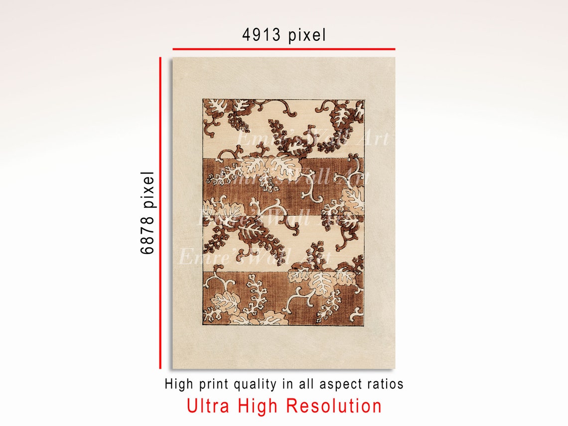 Vintage Brown Botanical Leaf Pattern Textile Stripe Design Art Poster - Image 3