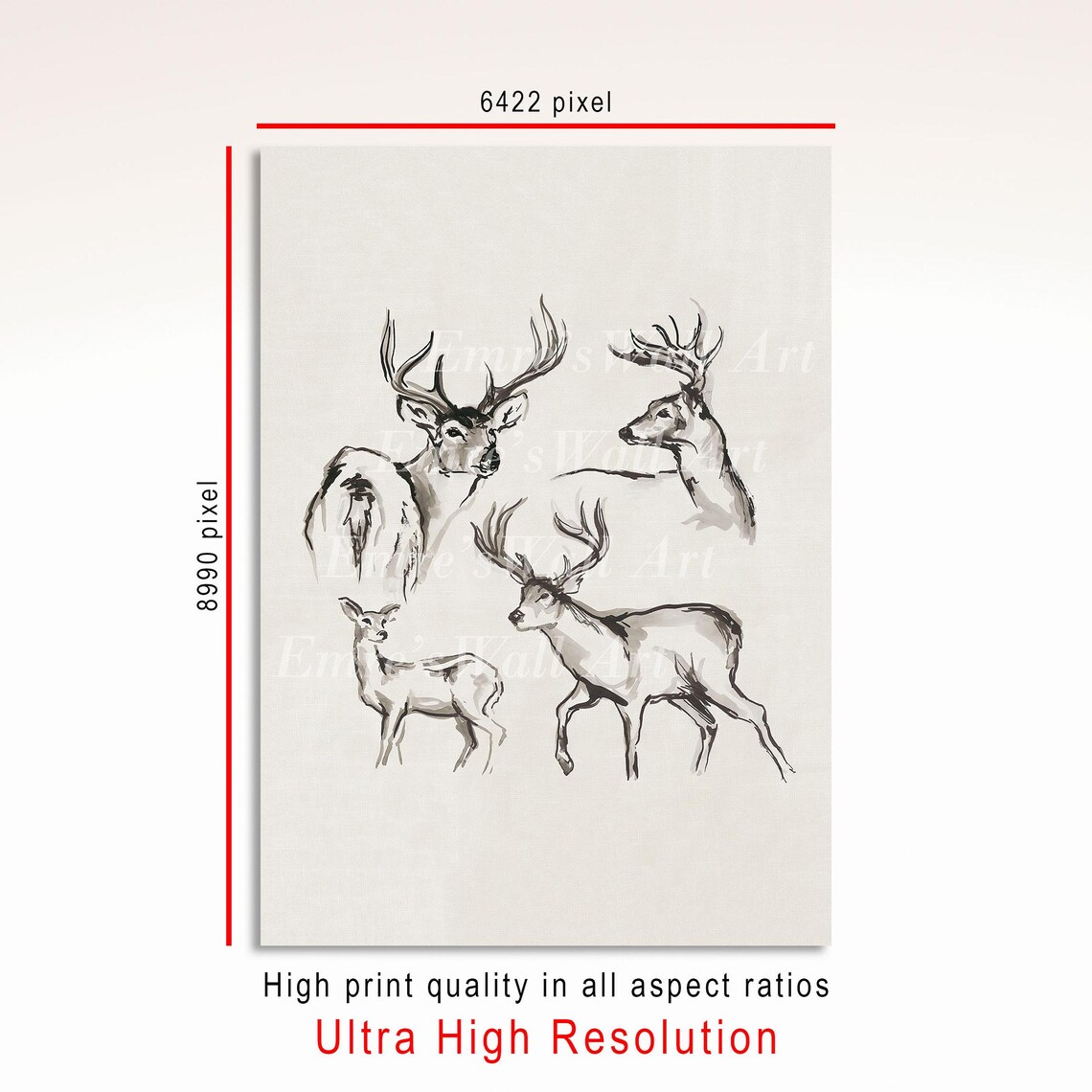 Deer Studies Ink Wash Stag and Doe Sketch Wildlife Fine Poster - Image 3
