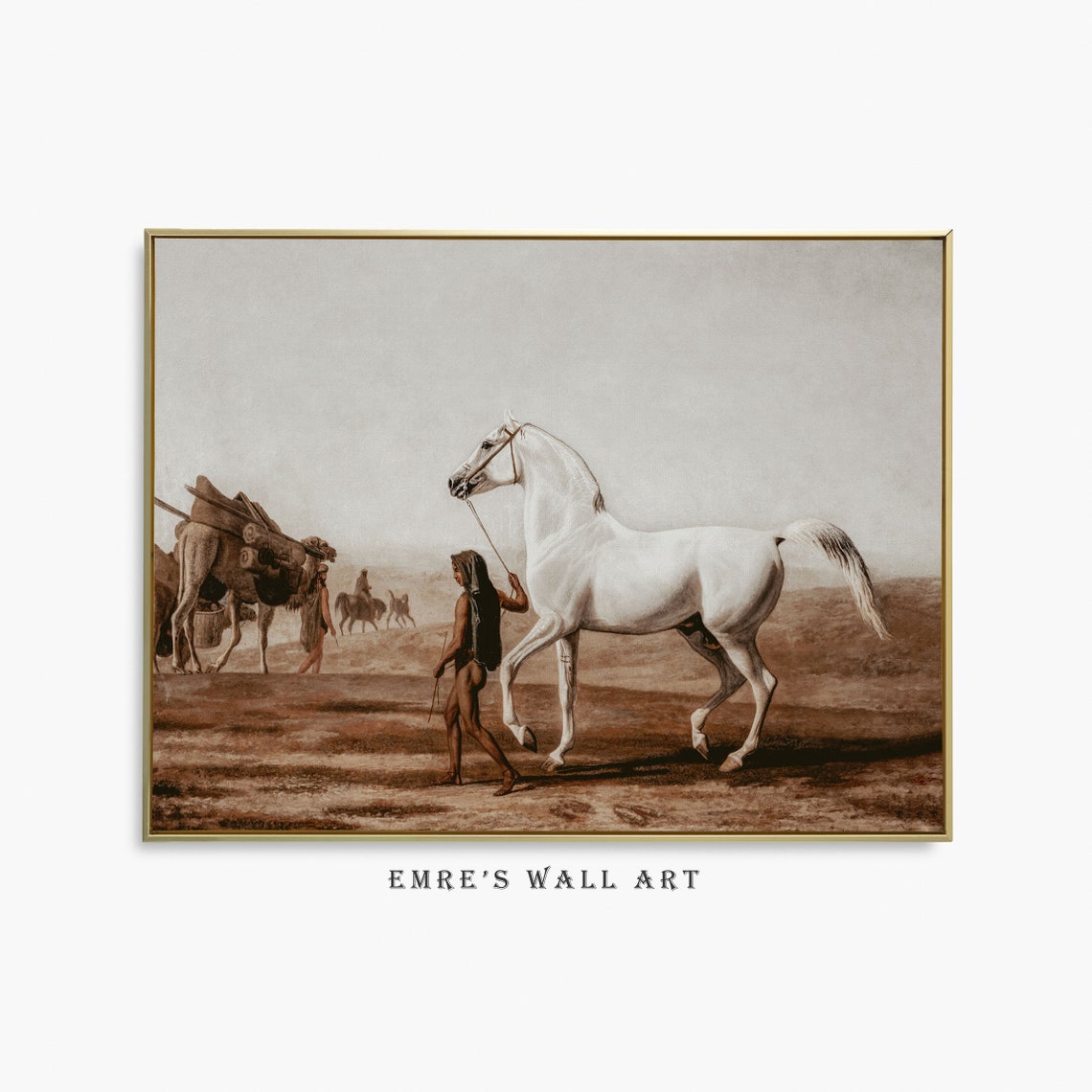 Vintage White Horse Oil Painting Vintage Desert Landscape Painting Antique Horse Wall Art Print Vintage Wall Art
