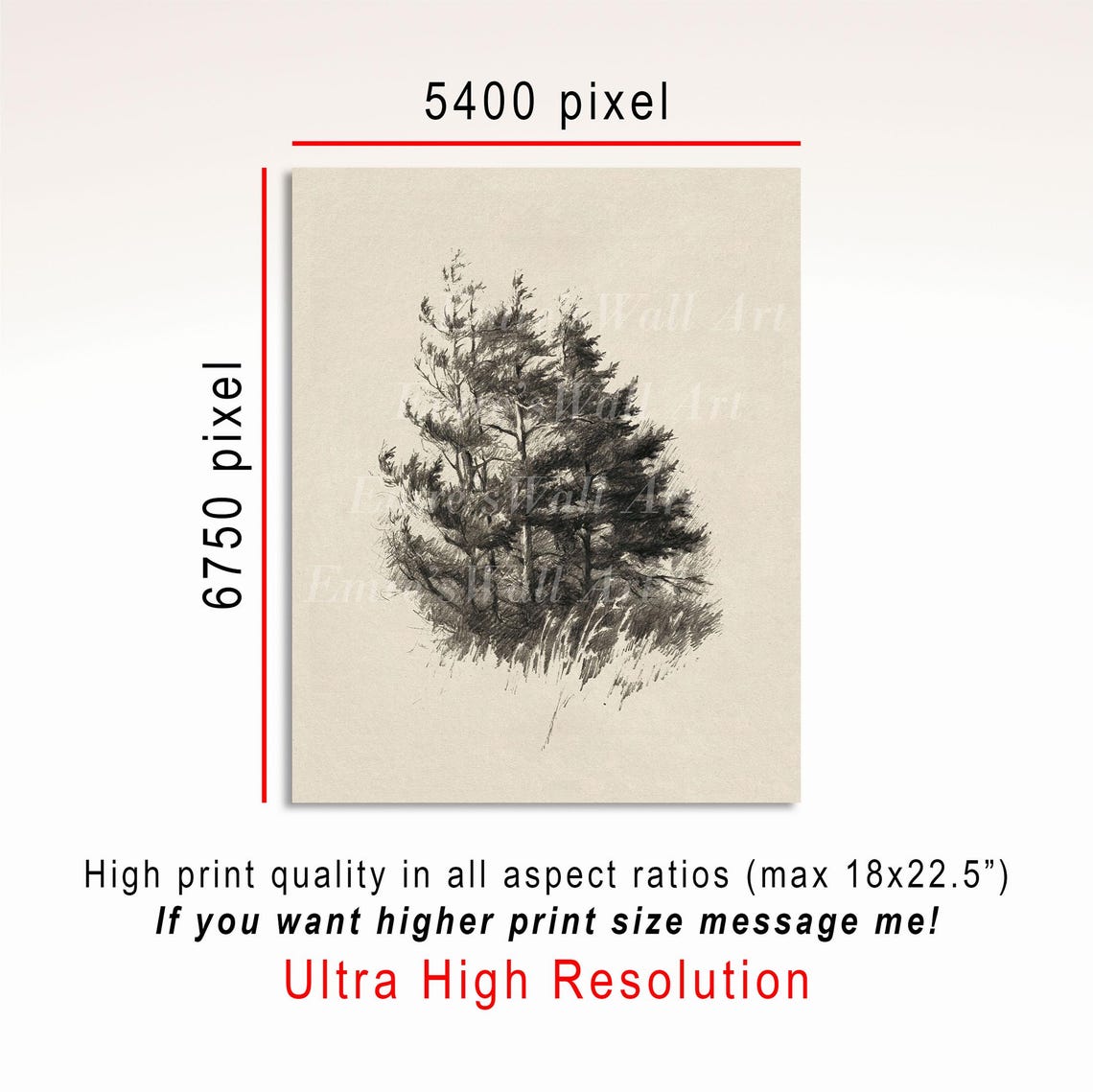 Neutral Pine Trees Print Rustic Sketch Wall Art Vintage Tree Drawing Decor Woodland Sketch - Image 3