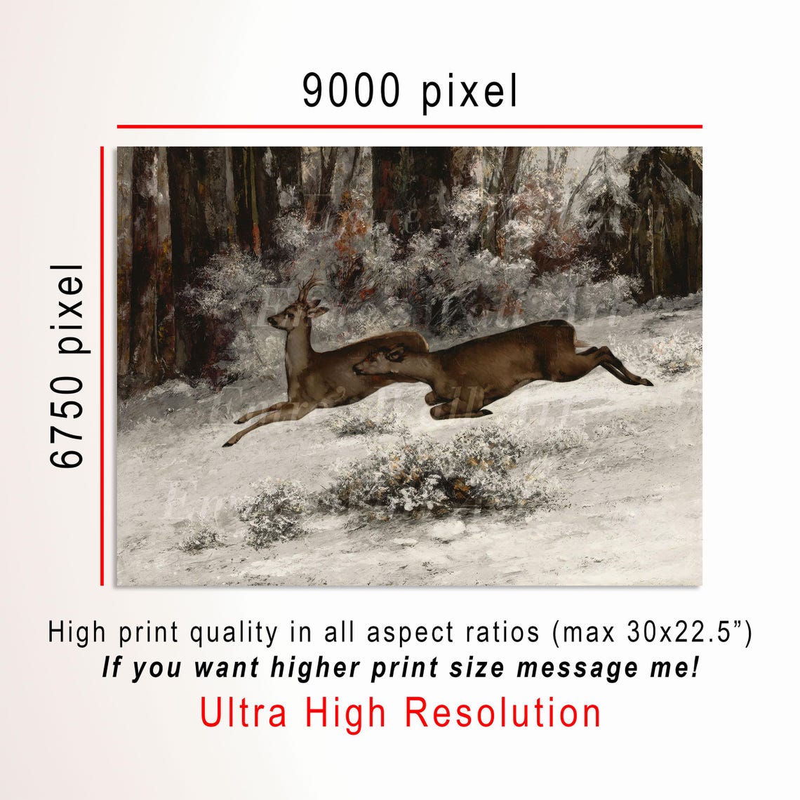 Deer Leaping Through Snowy Forest Vintage Wildlife Painting Poster - Image 3