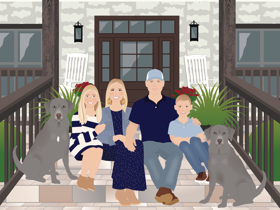 Personalized Family Porch Steps Portrait With Two Gray Dogs Poster